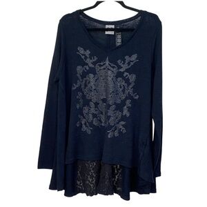 Harley-Davidson Dark Blue V-Neck Sweater with Lace Detail
